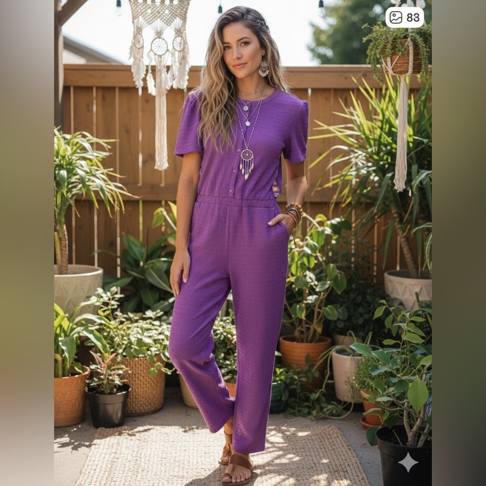 Purple Textured Crochet panel Jumpsuit | Pockets | Boho Artsy Eclectic Size M